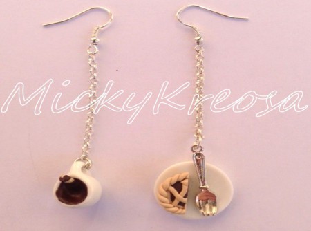 Orecchini pendenti con pattino, tazzina di creamica e crostatina in fimo!